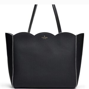 Kate Spade pebbled black leather scallop tote bag purse white trim large